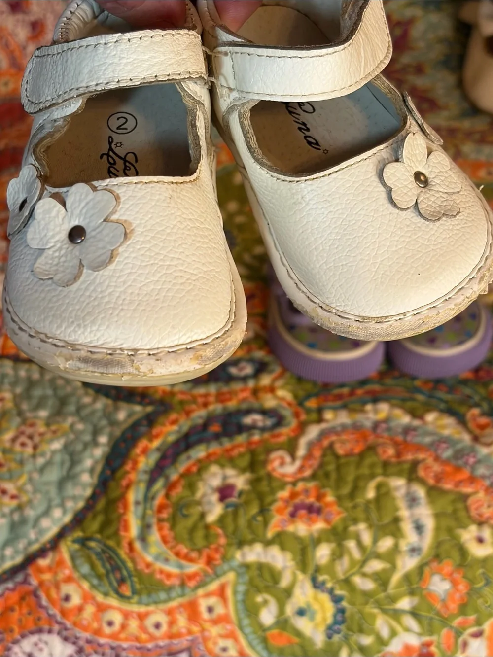 Girls White Leather Mary Janes & Lavender Heart-Print Canvas Shoes Set